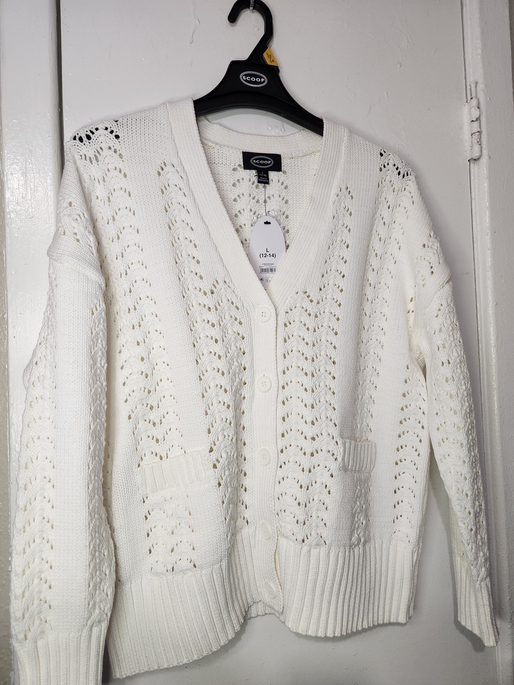 Cream Open-Knit V-Neck Button Cardigan by SCOOP